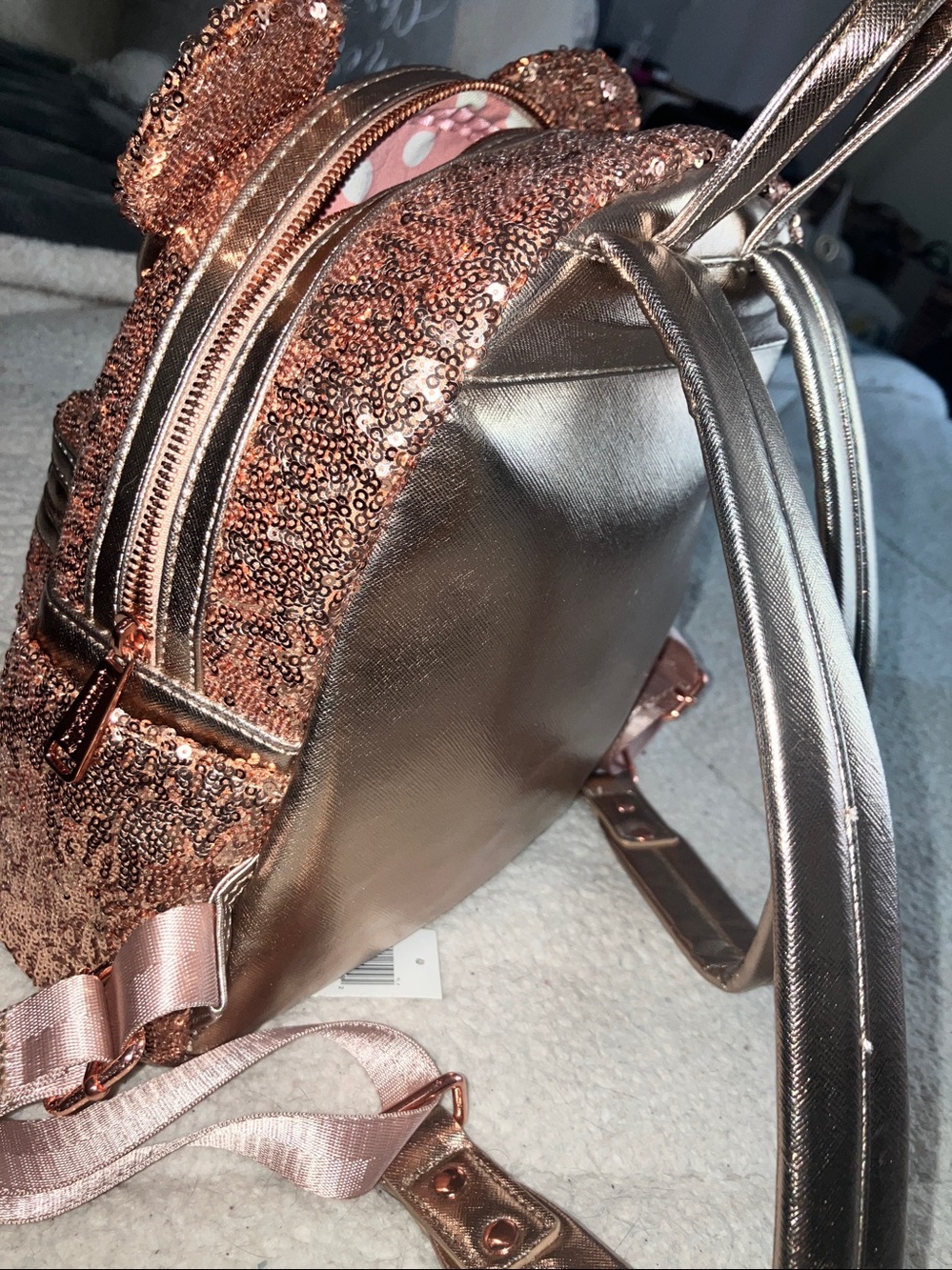 Loungefly Rose Gold Sequin Mini Backpack with Metallic Bow - Picture 3 of 4